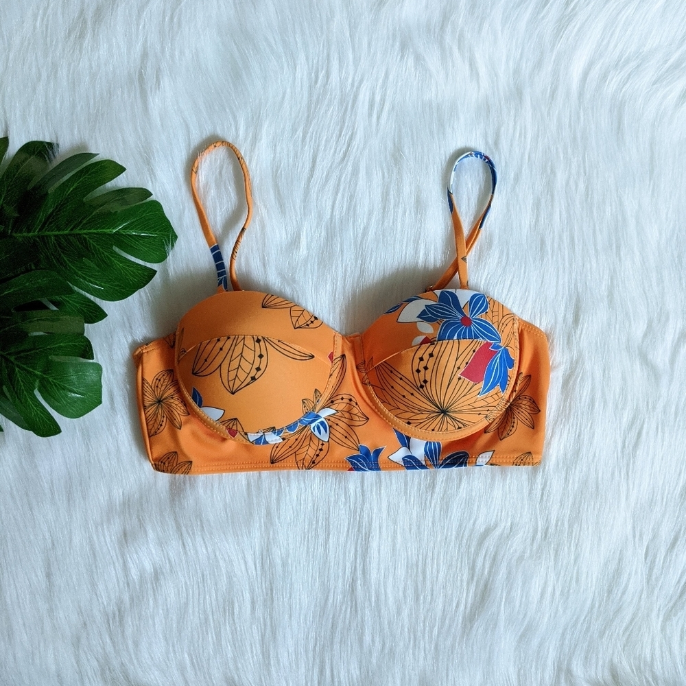 Bikini top, pushup orange floral print multi way, size medium